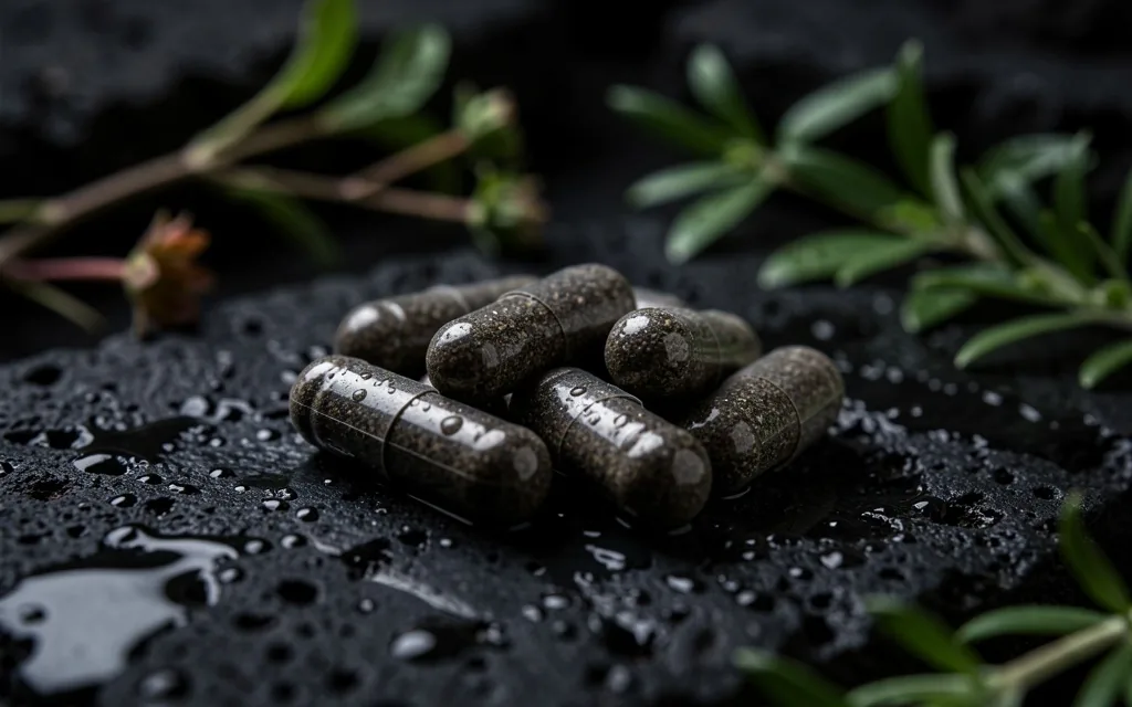 Botanical ingredients on dark surface