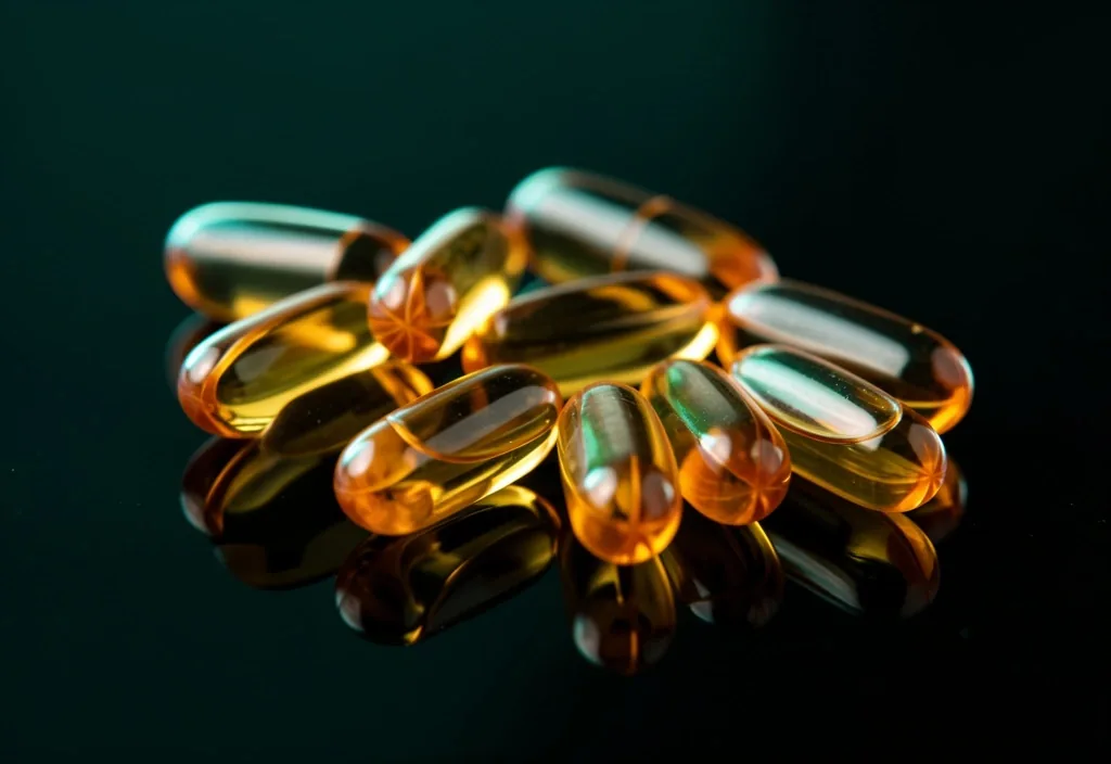 Natural supplement capsules on dark glass surface