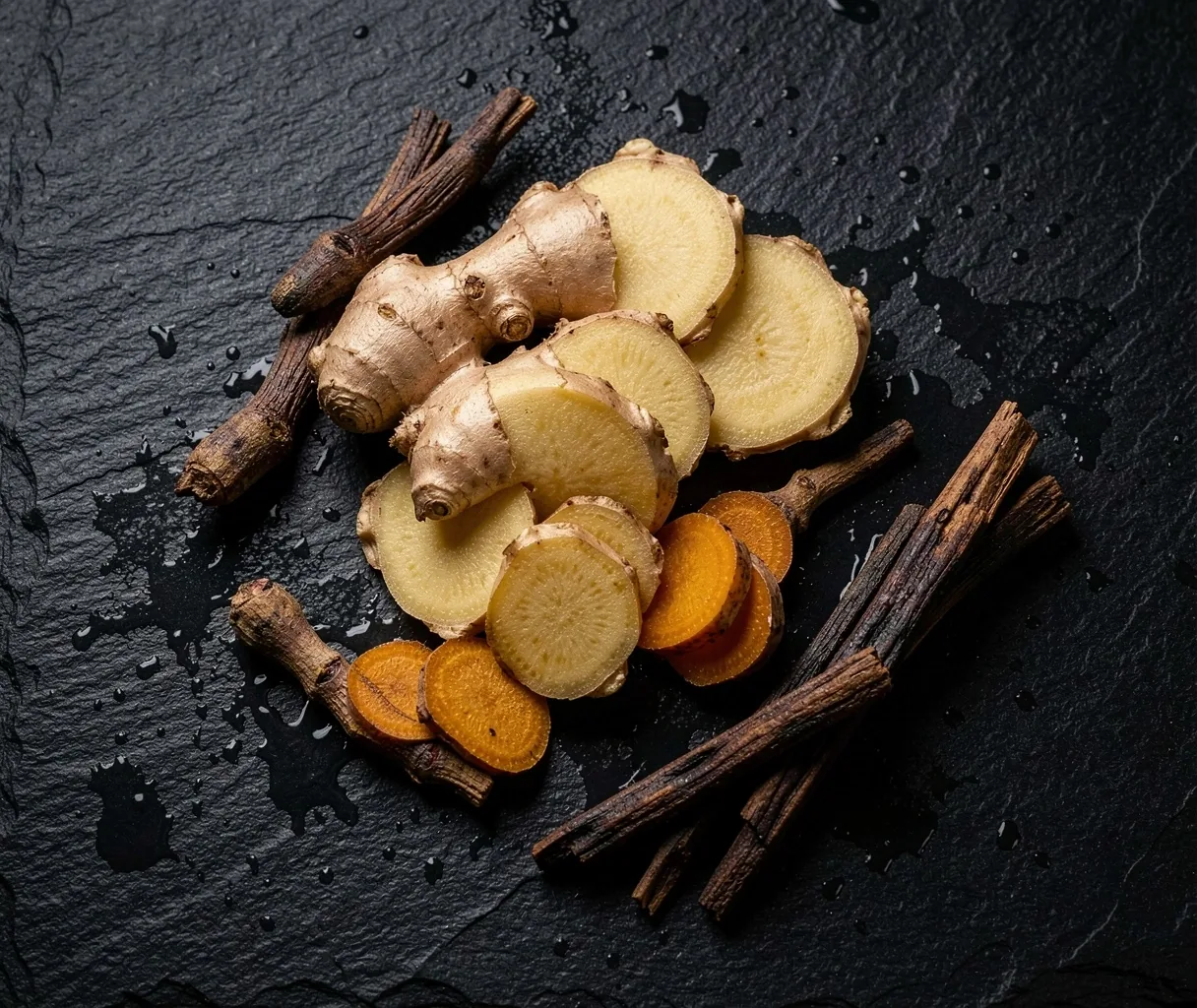 Macro photography of botanical root extracts on dark glass
