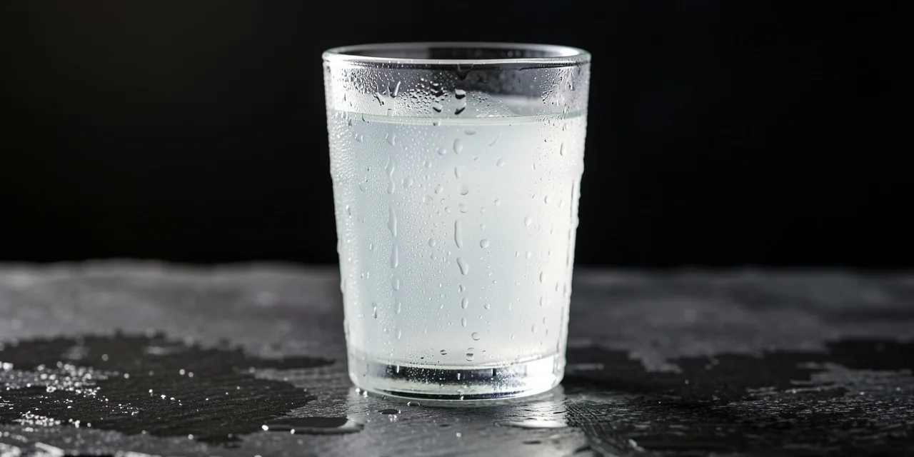 Glass of young coconut water on dark surface
