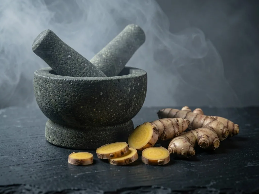 Indonesian herbs and roots on dark surface