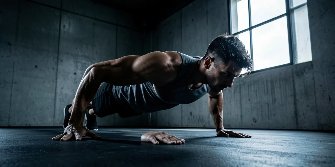 Man exercising in minimalist dark space